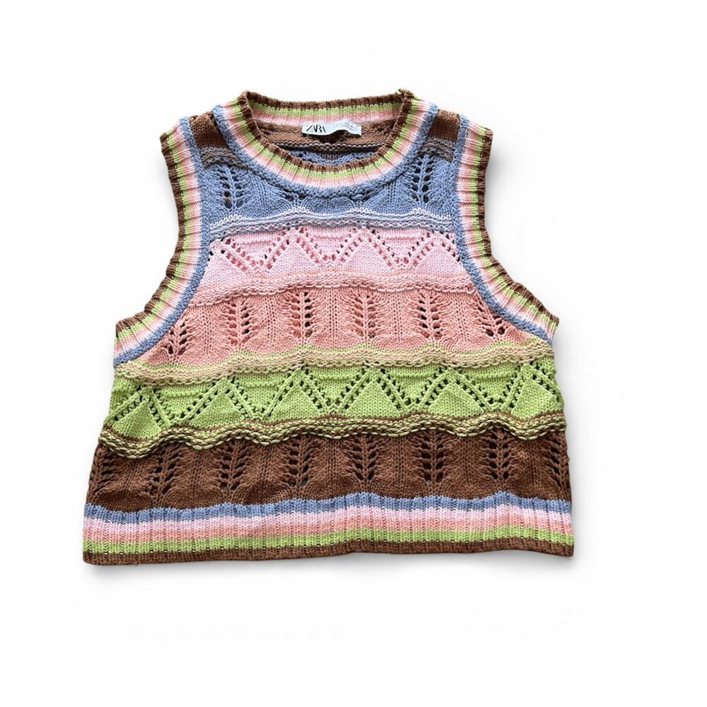 Zara Multicolor Crochet Knit Cropped Sweater Vest Women's Size Small